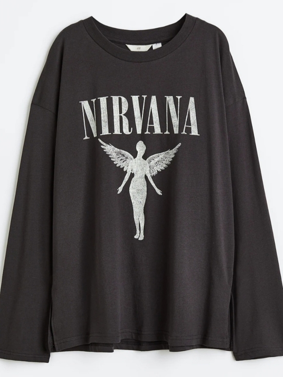 NIRVANA Tops - H&M | Oversized Nirvana Black Long Sleeve Angel Graphic Tee, Size S